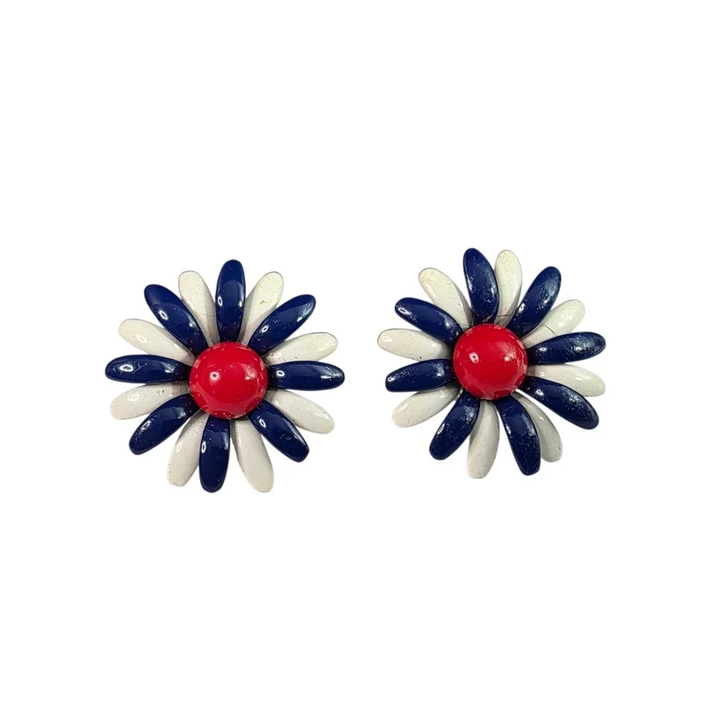 Vintage July 4th Red White Blue Enamel Daisy Brooch Clip On Earring Patriotic‎